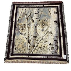 NWOT Mohawk Fleeting Glimpse Wolf In Birch Trees Tapestry Throw by David Wendell